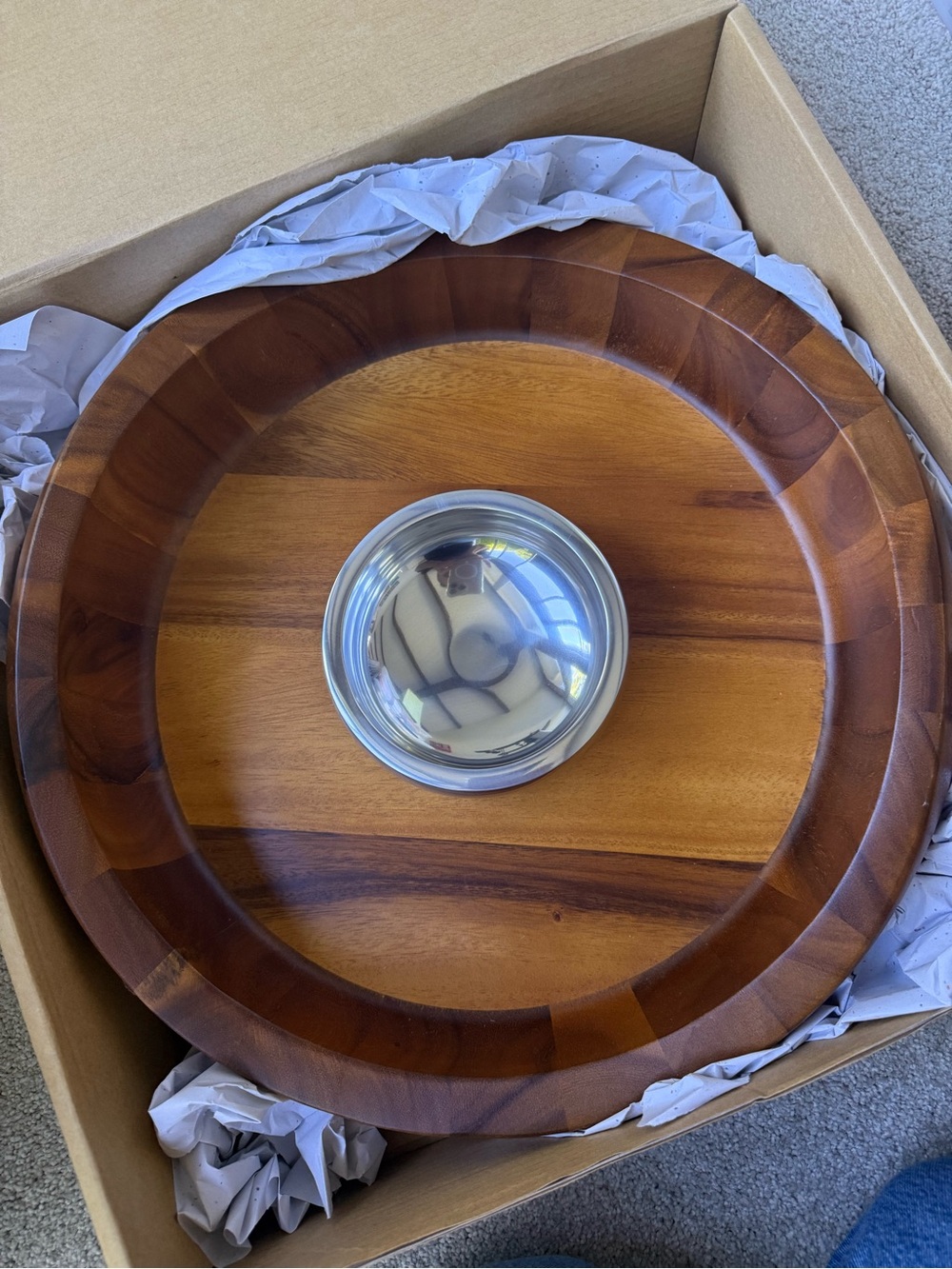 Nambe Brown Wood Serving Bowl with Stainless Steel Dip Insert